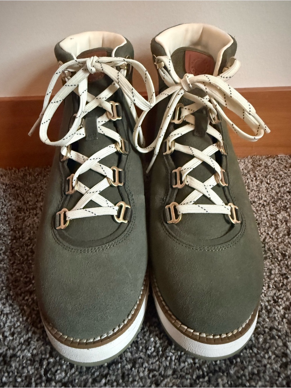 Cole Haan Grand Explore Olive Suede Lace-Up Hiking Boots with White Laces
